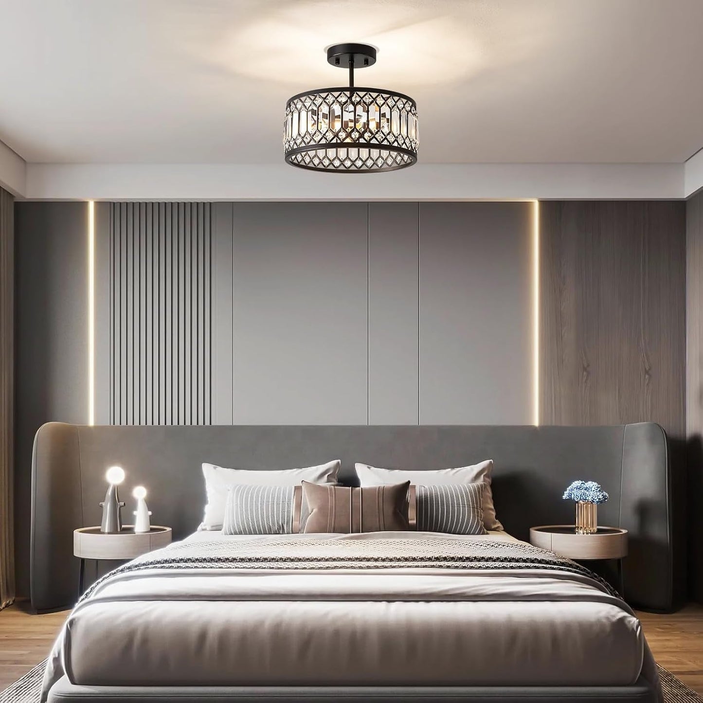 NEW Crystal Black Three Light Semi Flush Mount Ceiling Light