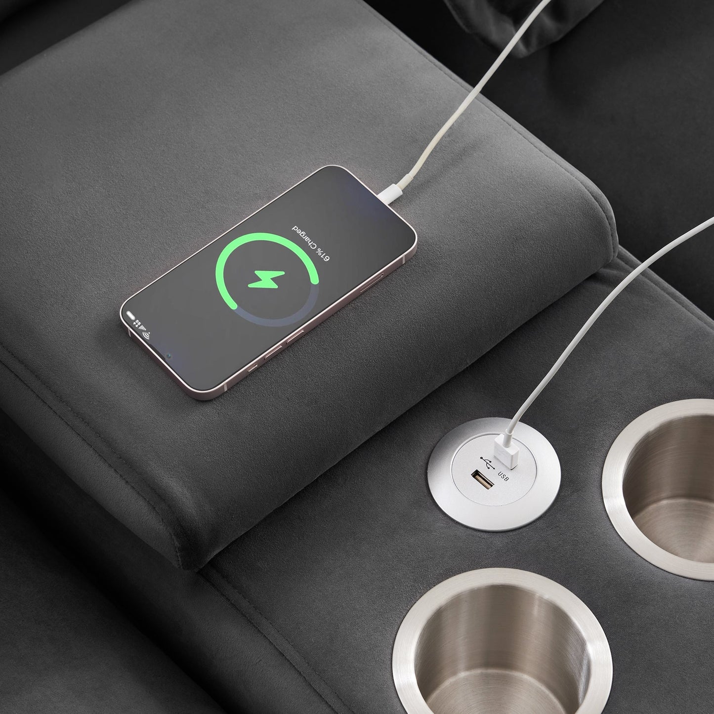 NEW Modern Gray Velvet Upholstered U-shaped 6-Seat Sofa with Console Cupholders and USB Ports