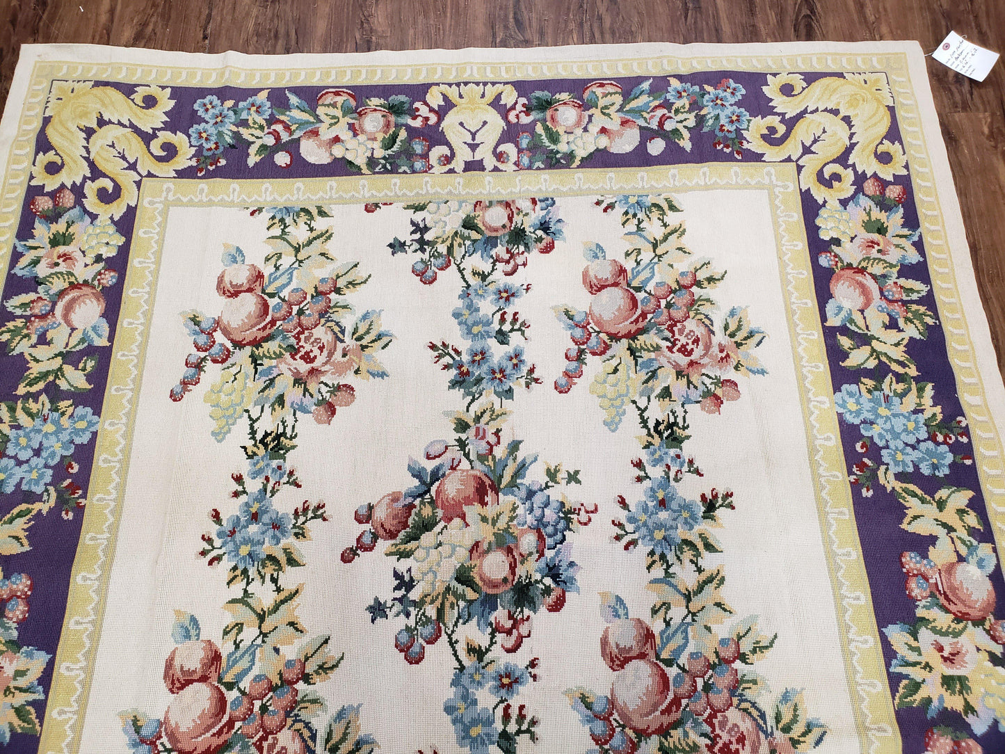 USED Vintage Chinese Floral Needlepoint Area Rug 6x9, Wool Hand-Woven Handmade Flatweave Rug, Ivory & Purple, Fruits Grapes Apples, Dining Room