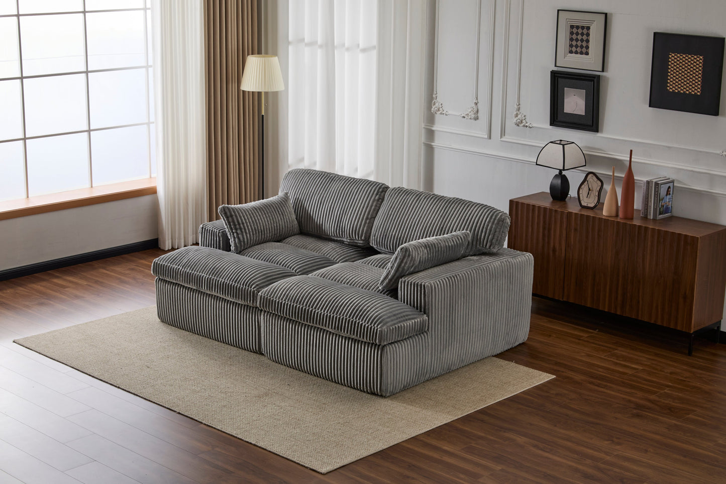 NEW Indoor Grey Corduroy Oversized Upholstered Double Chaise Lounge Chair Oversized Upholstered Sleeper Cloud Couch Deep Seat Luxury Sectional Sofa Bed Chaise Lounge