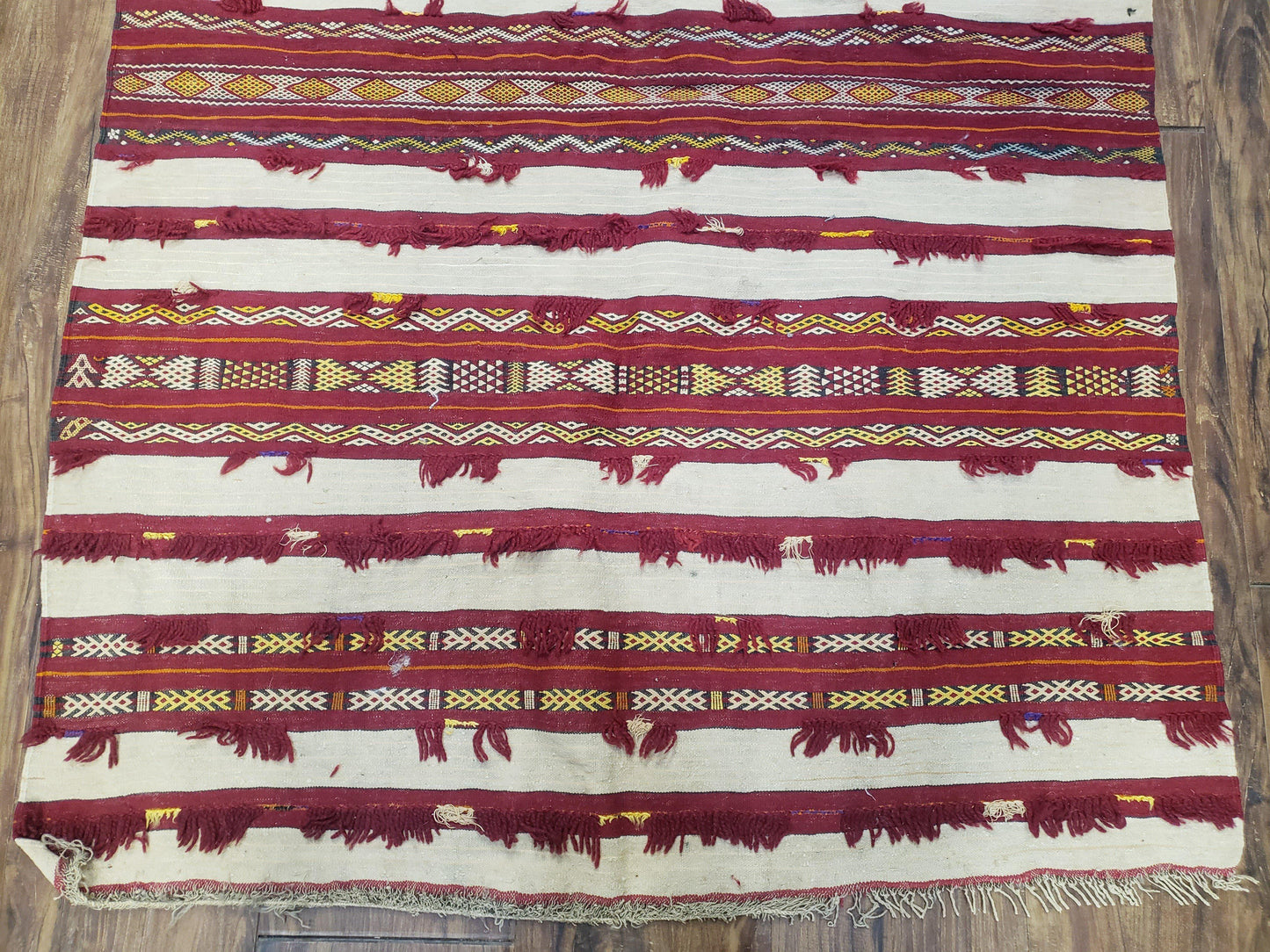USED Antique Turkoman Yamud Rug 3x5 ft, 1920s Turkmen Sofreh Table Cover, Bohemian Rug, Tribal Collectible, Striped Rug, Handmade Ivory and Red