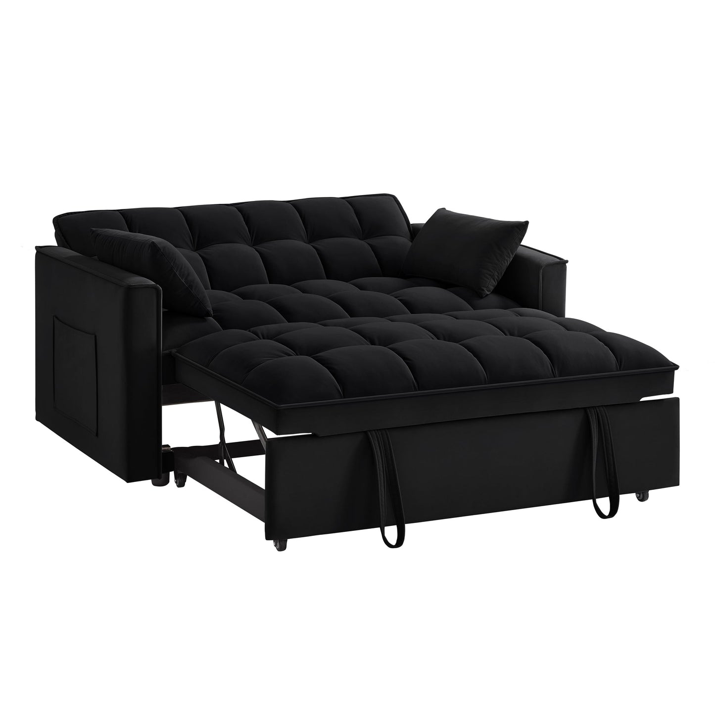 NEW 4 in1 Loveseat Sofa Bed with Armrests & Storage Pockets, Multi-Function Tufted Pull-out Sofa Bed with Adjustable Backrest and Pillows, Convertible Loveseat Sofa Couch,Black