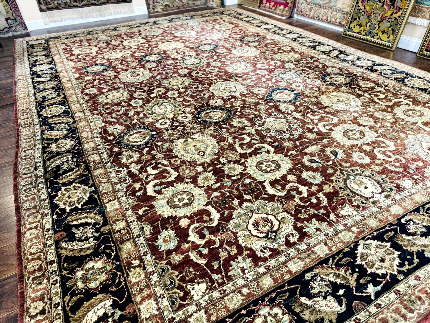 USED Palace Sized Indian Agra Rug 12x17, Wool Handmade Floral Allover Carpet