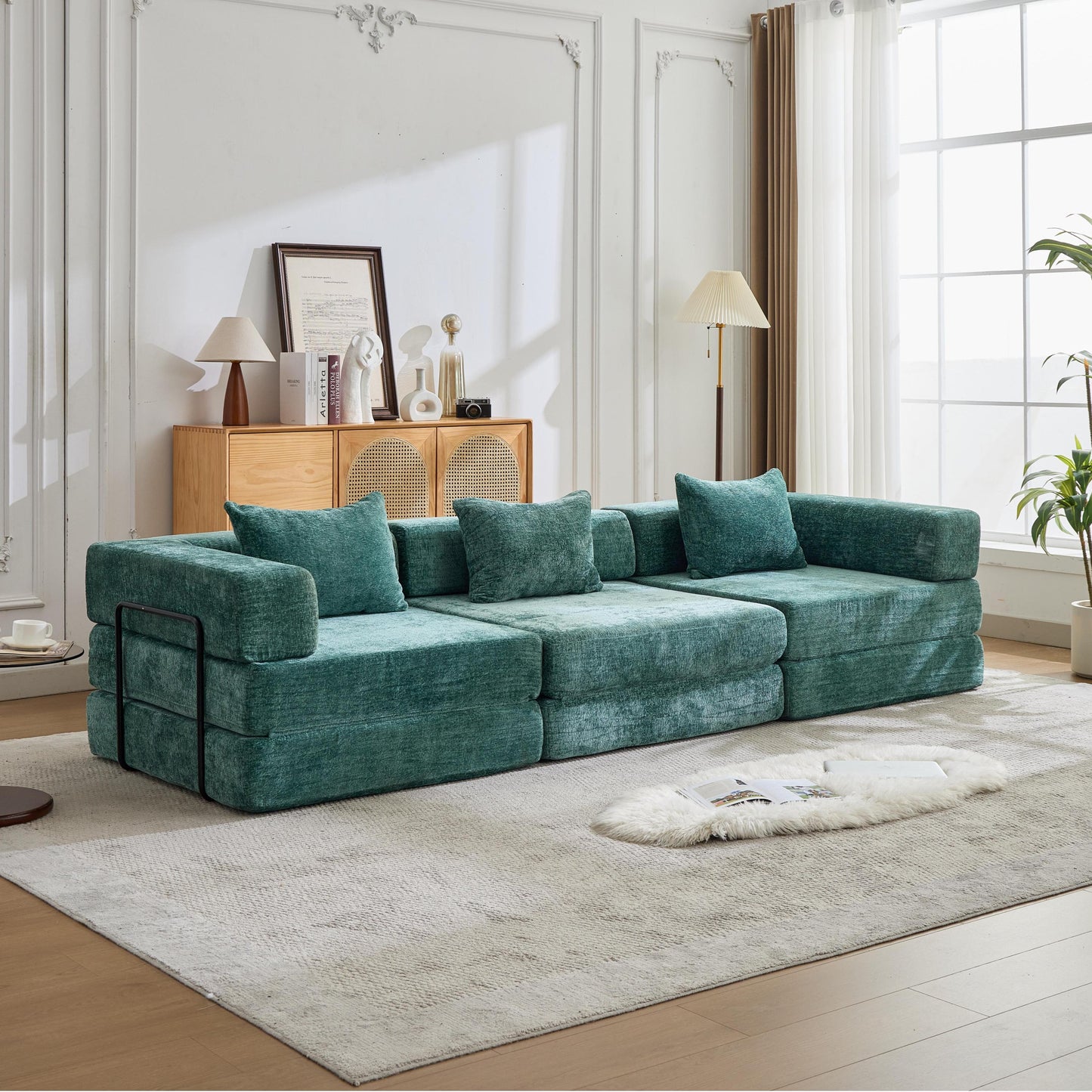 NEW Dark Green Chenille Fabric Compression Convertible Floor Sofa Bed