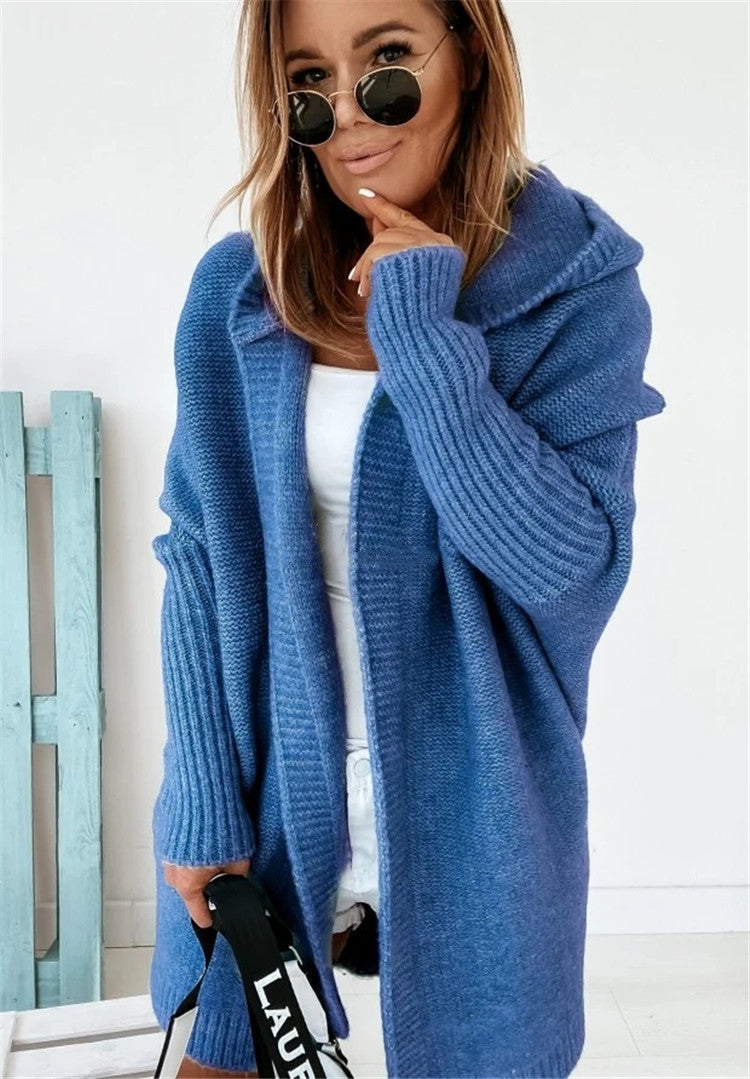 New Fashion Bat Sleeve Hooded Cardigan Oversized Loose Temperament Solid Color Sweater Womens Clothing