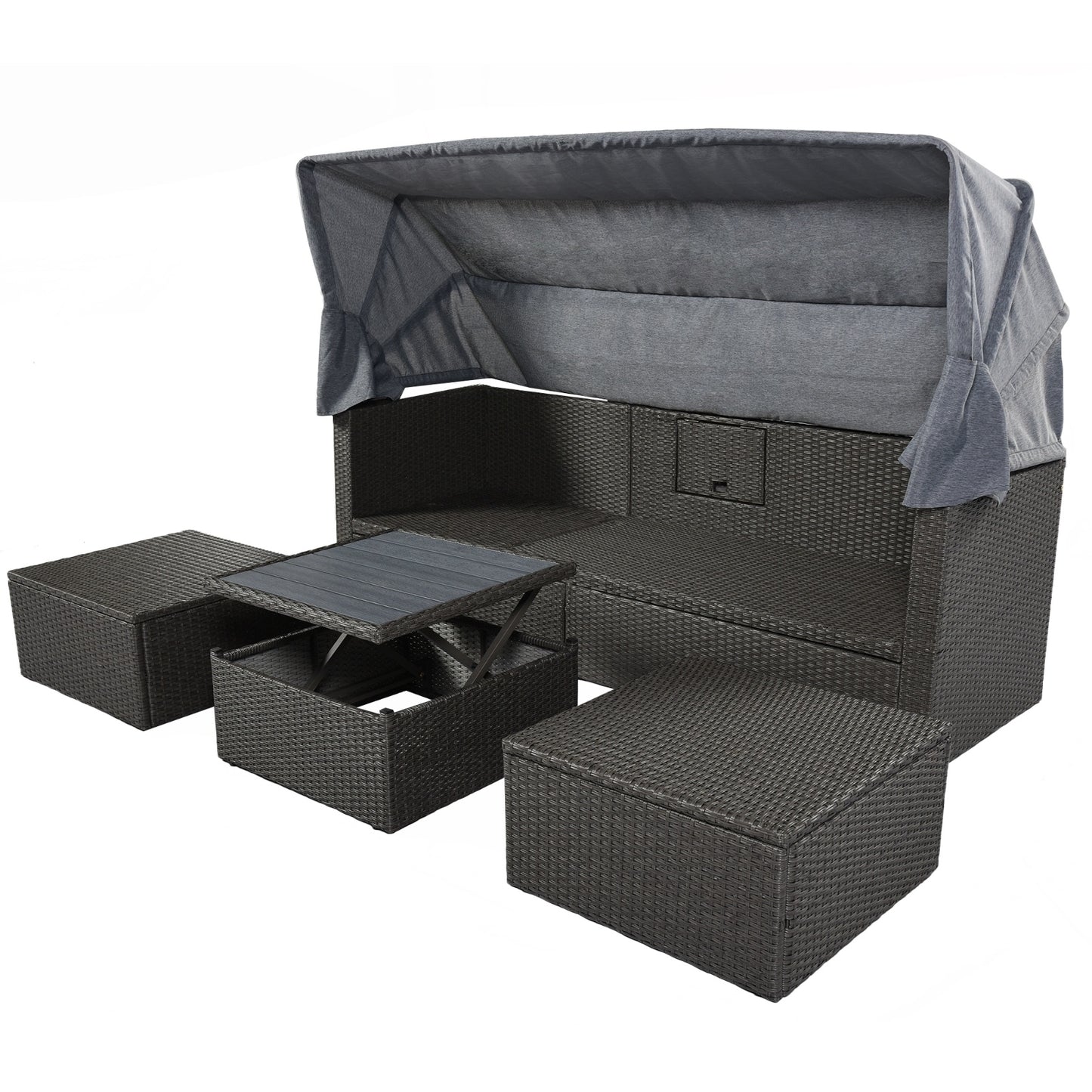 NEW U Style Rattan Wicker Sectional Sofa Seating Outdoor Patio Rectangle Daybed With Canopy