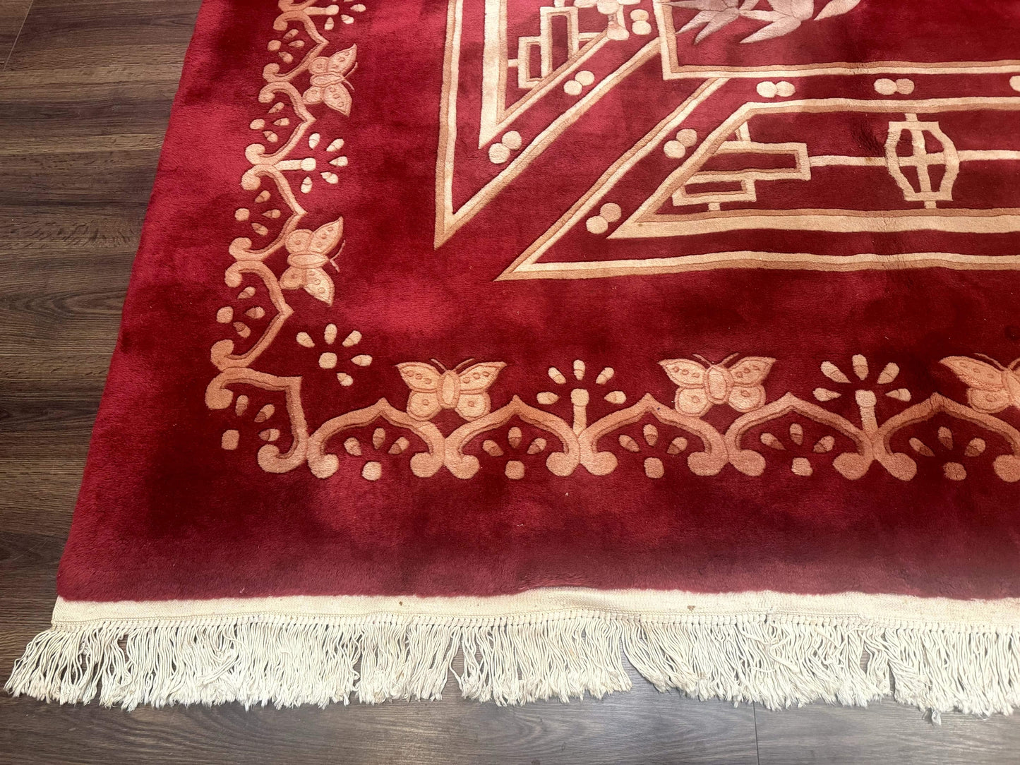 USED Palace Size Chinese Wool Rug 12x18, Red Art Deco Chinese Carving Carpet, Butterflies Flowers