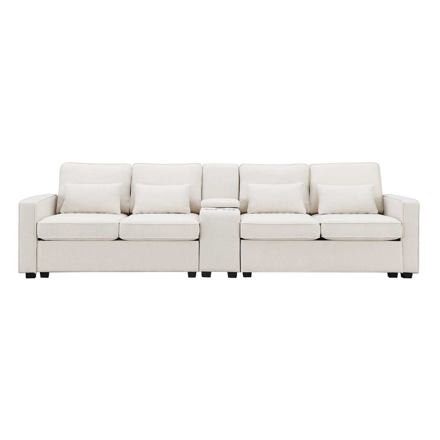 NEW Modern Linen Fabric Upholstered Sofa Couch with Console 2 Cupholders 2 USB Ports Wired or Wirelessly Charged 4 Pillows
