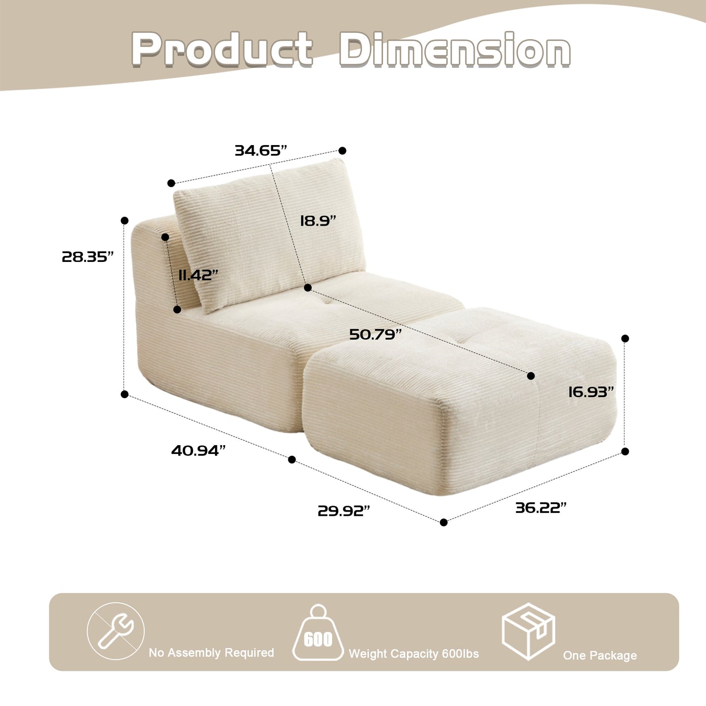 NEW Modern Memory Foam Compressed Sofa,Single Chaise Longue for Living Room,Pet-Friendly Cloud Modular Sectional SofaMovable Ottoman