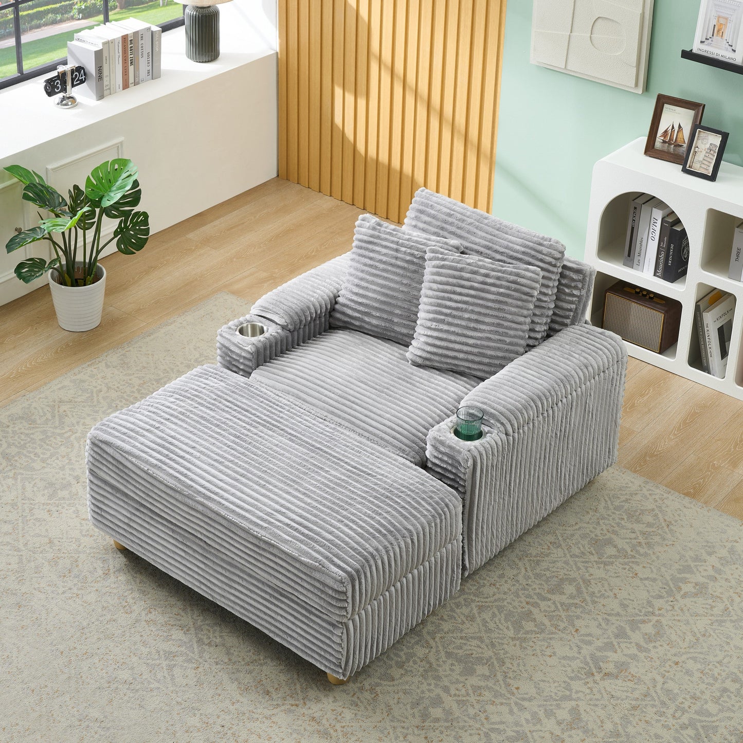 NEW Gray Corduroy Fabric Single Seater Oversized Loveseat with Storage Ottoman
