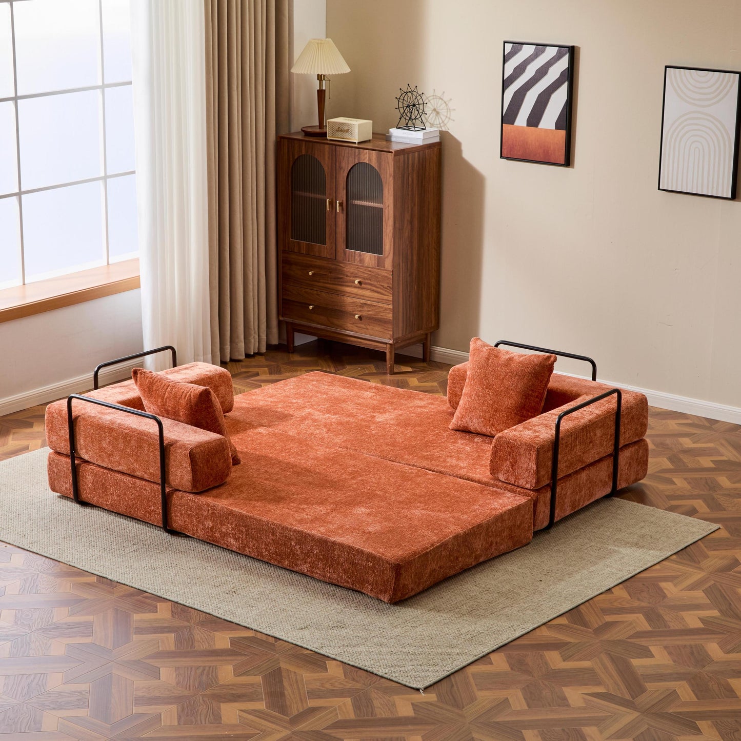 NEW Orange Chenille Fabric Comfy Futon Couch Lounge Sleeper Compression Convertible Floor Sofa Bed Couch with Pillow Back Support Armrest Bed