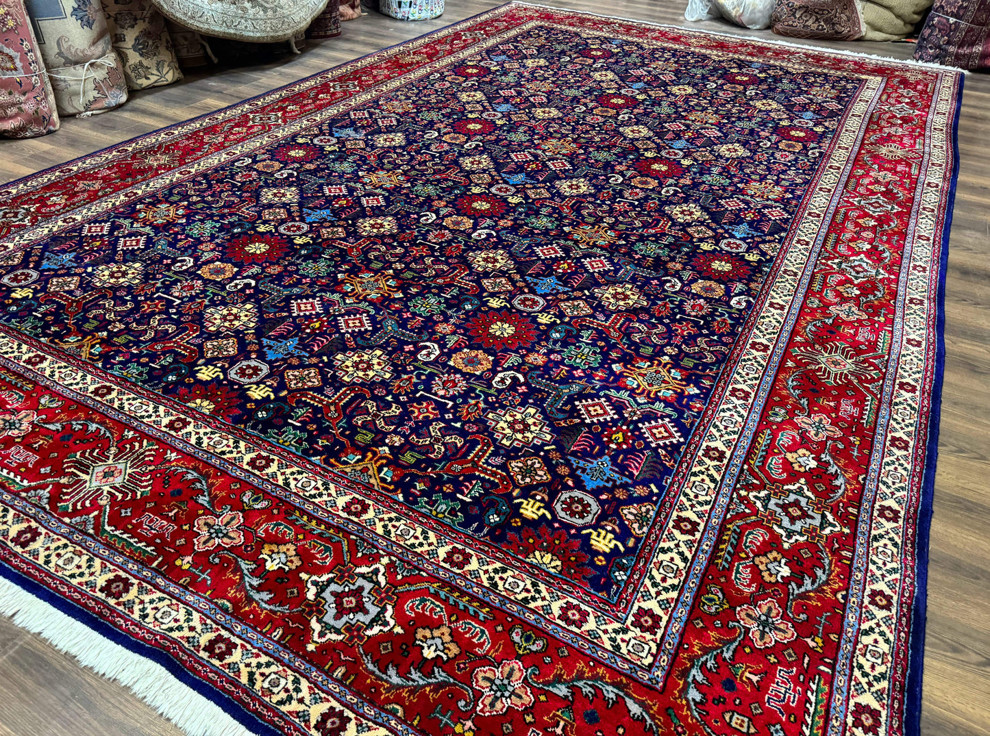 USED Large Persian Tabriz Rug 10x16, Navy Blue and Red, Allover Pattern, Vintage Hand Knotted Wool Carpet