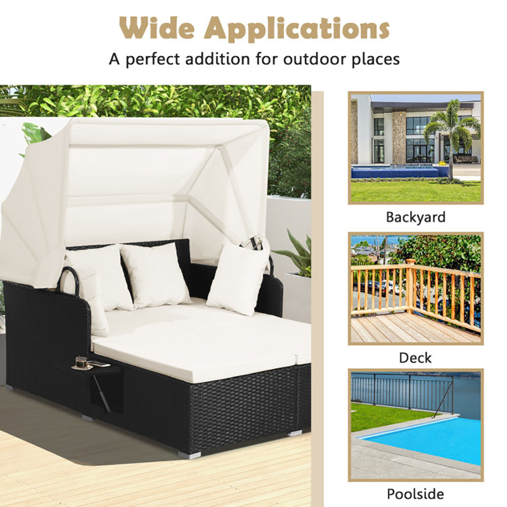 NEW Outdoor Patio Rattan Wicker Daybed With Retractable Canopy And Side Tables