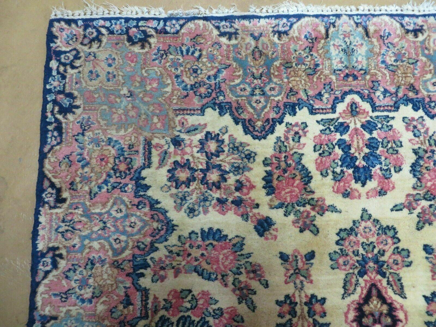 USED Antique Persian Kirman Rug 3.9 x 6.6, Floral Oriental Carpet, Ivory/Cream - Blue - Pink, Hand Knotted Wool Rug, Floral Medallion Rug 4x6