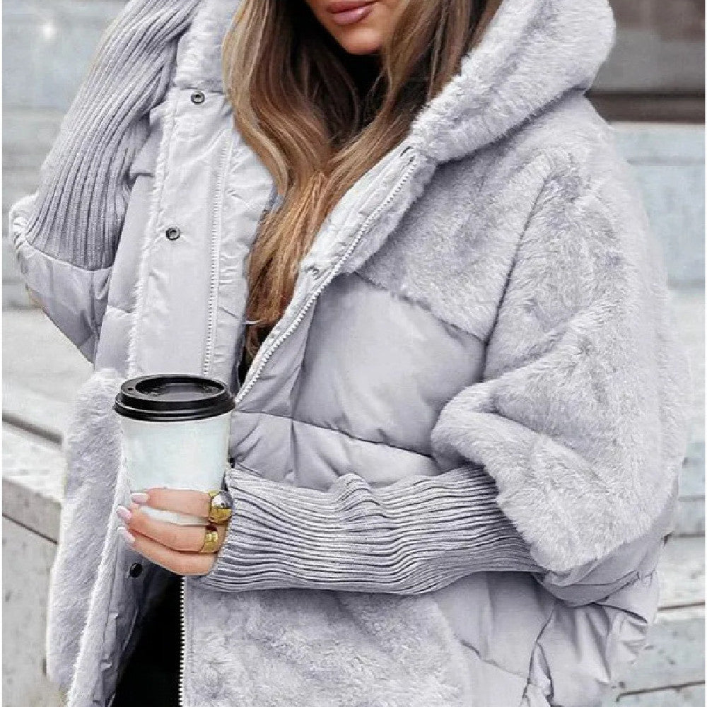 New Women's Loose Cotton Coat Faux Fur Patchwork Winter Coat Comfort Chic Long Sleeve Hooded Jacket
