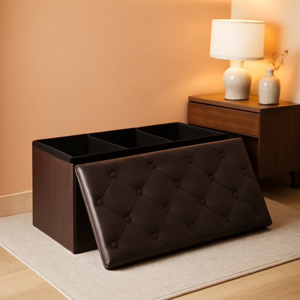 NEW Forty Three Inch Brown Storage Ottoman With Concealed Dividers