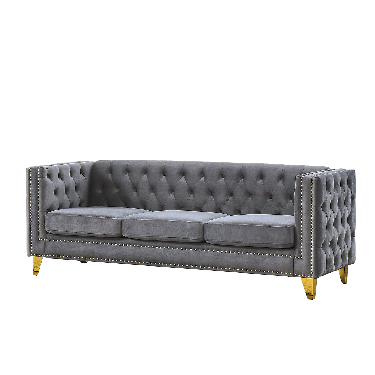 NEW Velvet Sofa for Living Room, Buttons Tufted Square Arm Couch, Modern Couch Upholstered Button and Metal Legs, Sofa Couch for Bedroom, Grey Velvet .2PCS