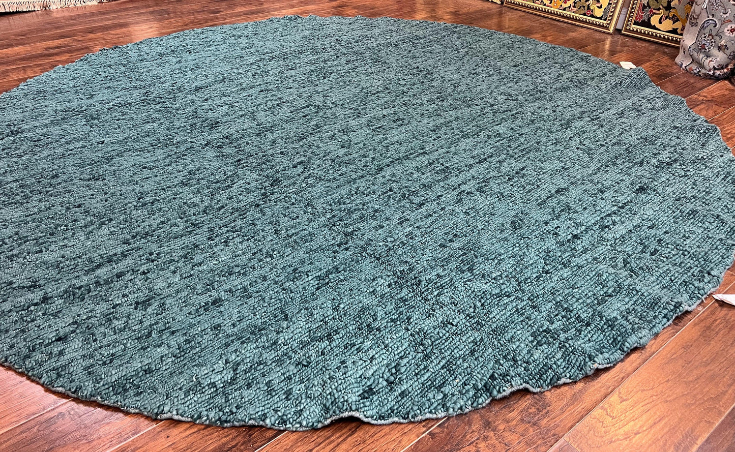 USED Large Round Indian Rug 11x11, Teal, Vintage Handmade Wool Carpet
