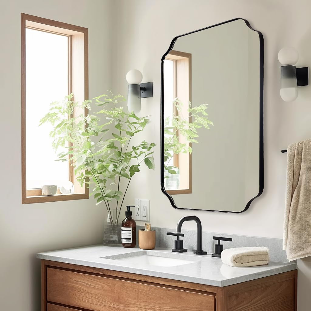 NEW Black 22x30 Inch Scalloped Bathroom Mirror Stainless Frame