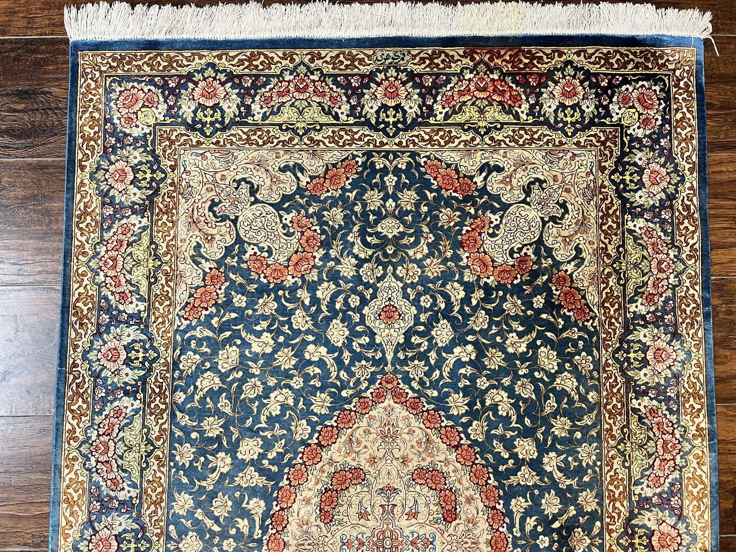 USED Magnificent Persian Qum Silk Rug 3x5, Blue, Super Fine 675 KPSI - 70 Raj, Floral Roses, Handmade Vintage Silk Carpet, Masterpiece