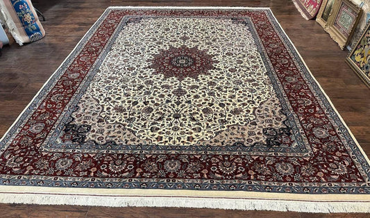 USED Sino Persian Rug 9x12, Vintage Wool Oriental Carpet, Floral Medallion, Wool Rug, Cream and Maroon