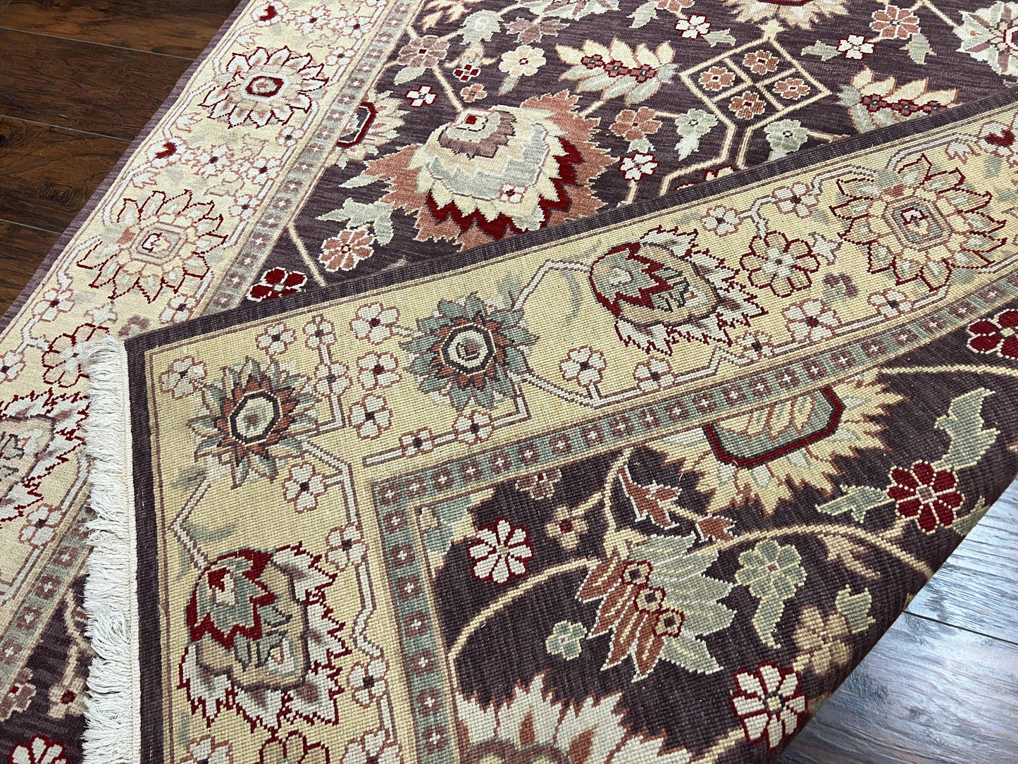 USED Vintage Indo Mahal Area Rug 6x9, Indian Persian Oriental Carpet 6 x 9, Puce Eggplant Tan Beige Rug, Hand-Knotted, Large Floral Design Wool