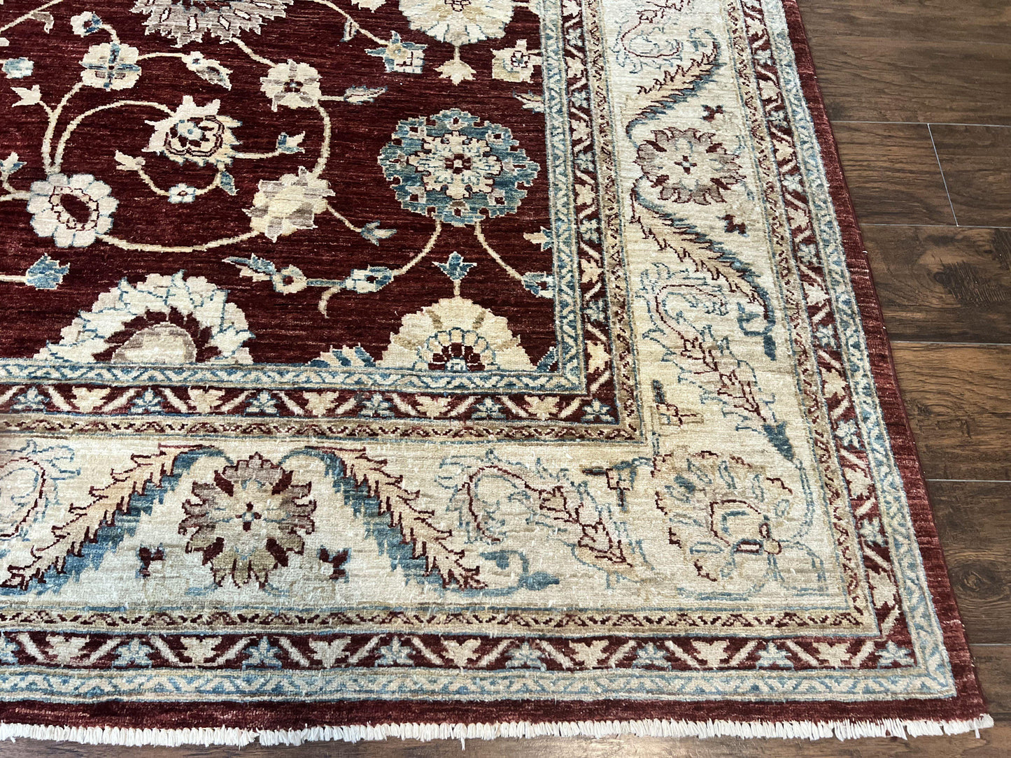 USED Peshawar Rug 9x11, Pakistani Oriental Carpet, Maroon and Beige, Floral Allover, Wool Hand Knotted Handmade Vintage Rug