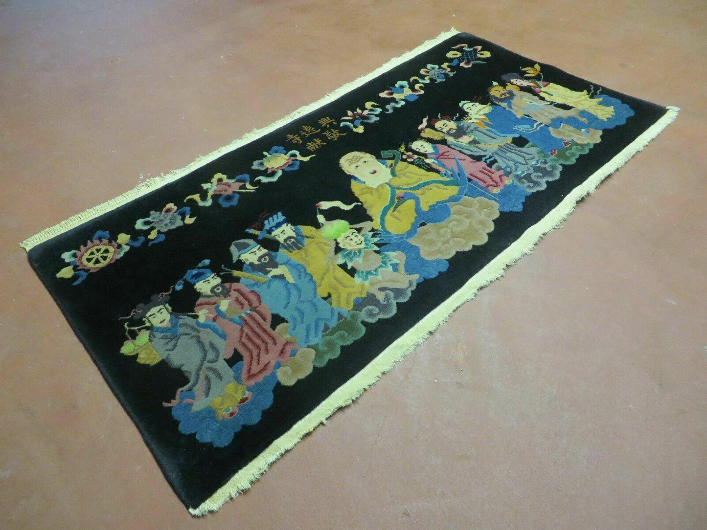 USED Chinese Wool Pictorial Rug 3x6 Counsel of Wise Elders Philosophers, Vintage Hand Knotted Black Chinese Carpet, Swan, Clouds Confucius, Rare