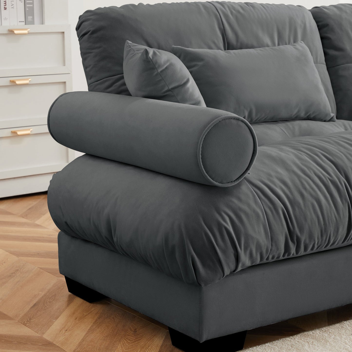 NEW Modern Grey Velvet Two-Seater Sofa with Ottoman and Round Bolster Armrests L Shape