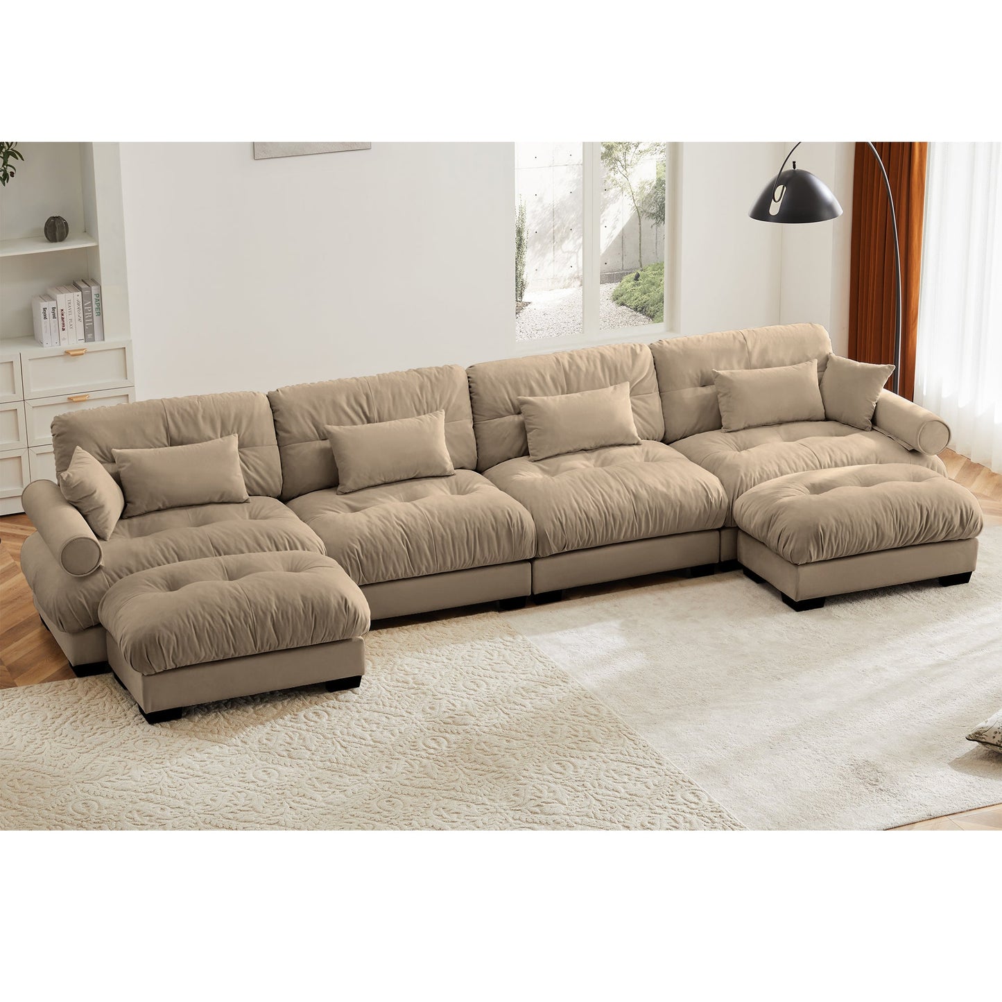 NEW Modern Velvet U Shaped Sectional Sofa Cloud Couch with Movable Ottomans and Bolstered Armrests in Camel