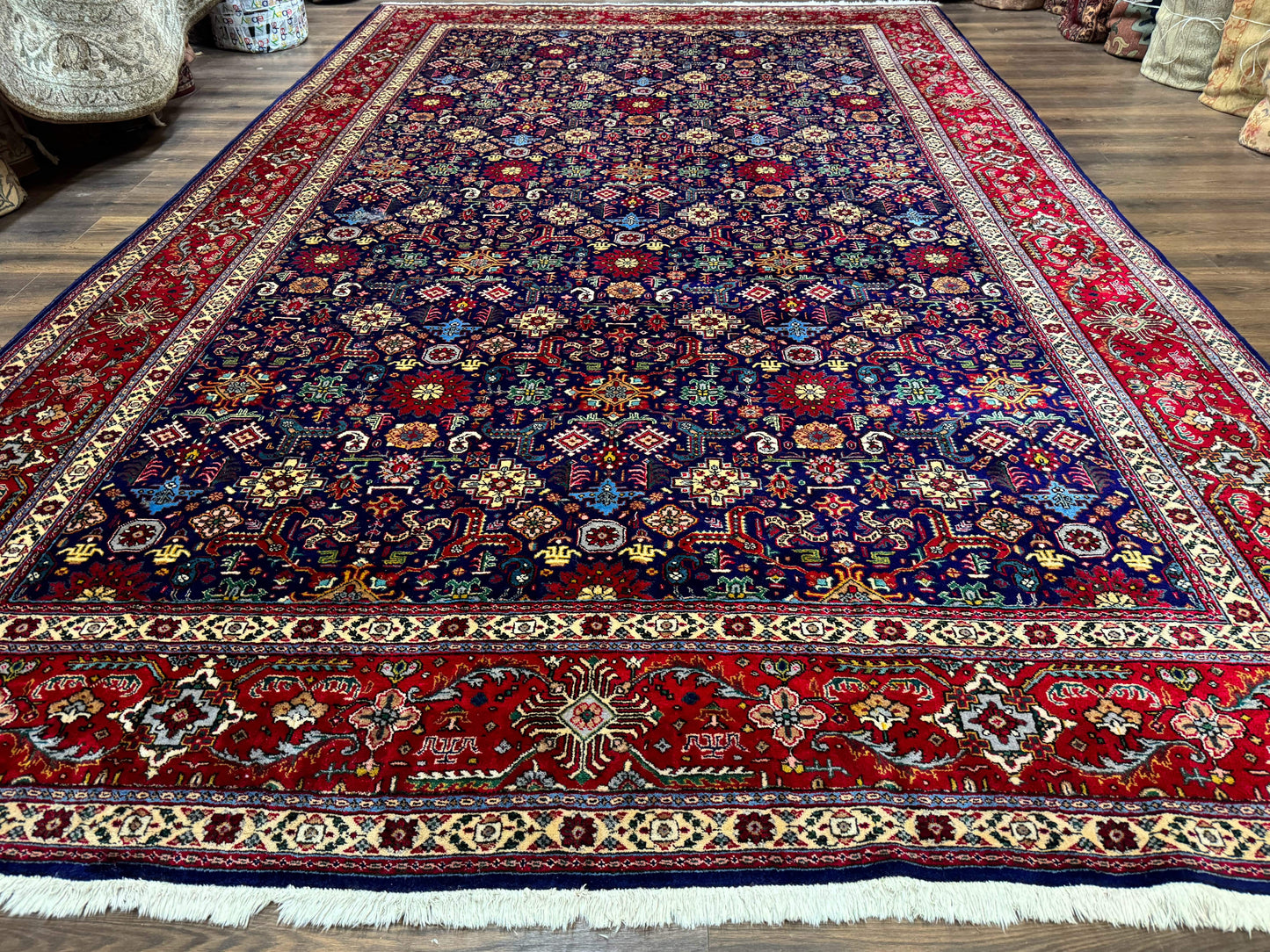USED Large Persian Tabriz Rug 10x16, Navy Blue and Red, Allover Pattern, Vintage Hand Knotted Wool Carpet