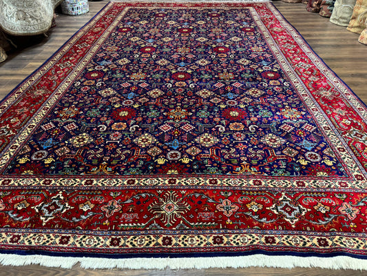 USED Large Persian Tabriz Rug 10x16, Navy Blue and Red, Allover Pattern, Vintage Hand Knotted Wool Carpet