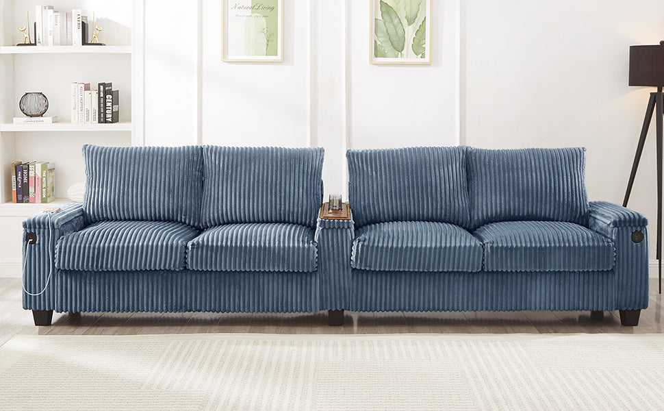 NEW Modern 4-Seater Corduroy Sofa Couch with USB Ports, Hidden Storage, Flip-Top Cup Holders, Blue, 133'