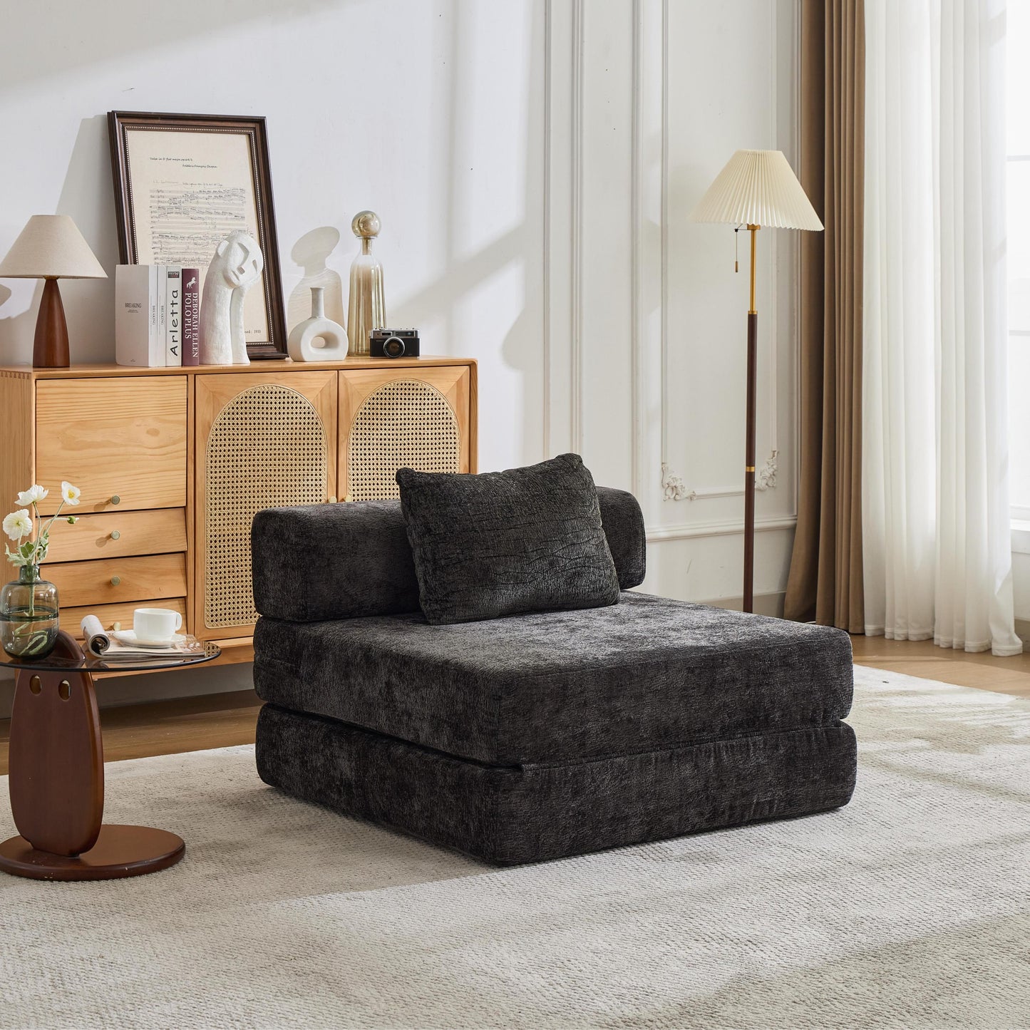 NEW Compression Black Chenille Fabric Convertible Single Seater Boneless Modular Sectional Sofa with Fixed-Shape Frame