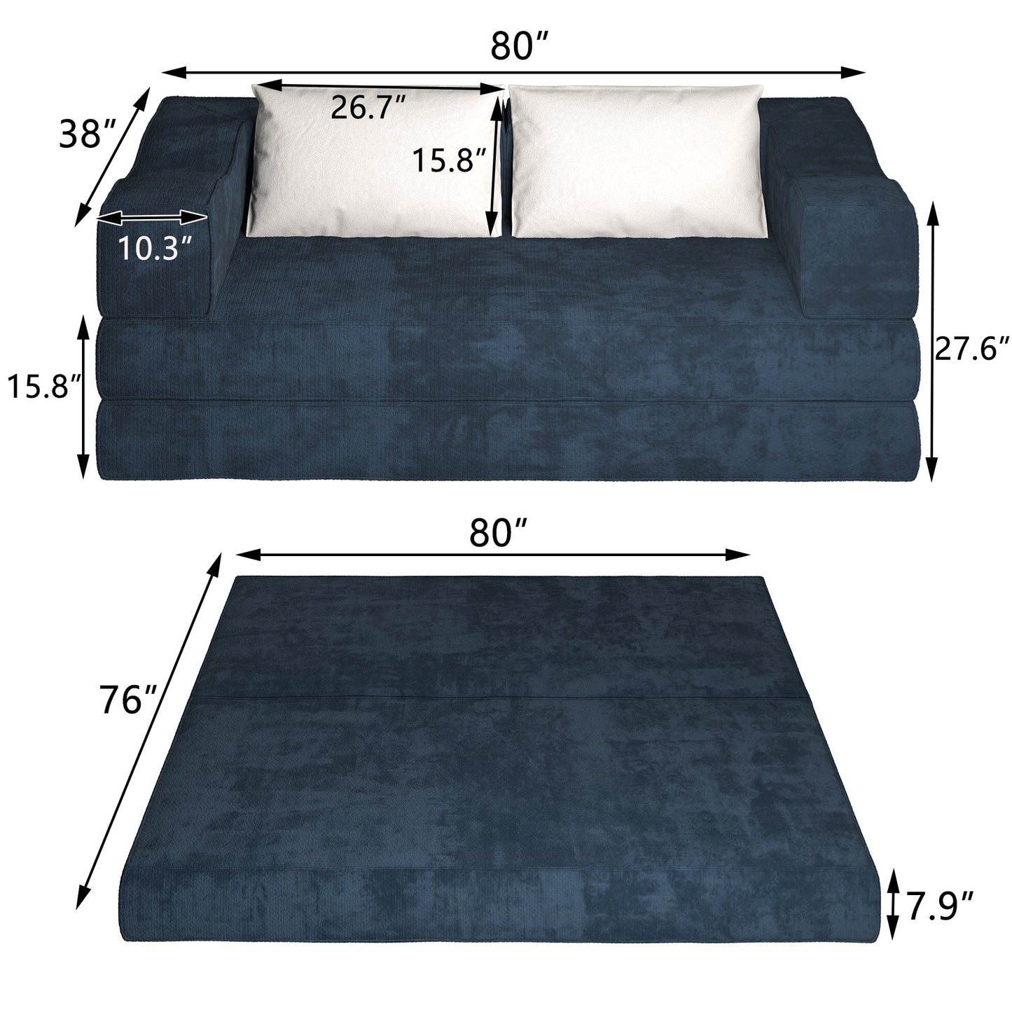 NEW 80' Convertible Couch Bed with 2 Pillows, 3-Seat Folding Floor Couch & King Size Bed Mattress, DIY Combination,Chenille,Blue