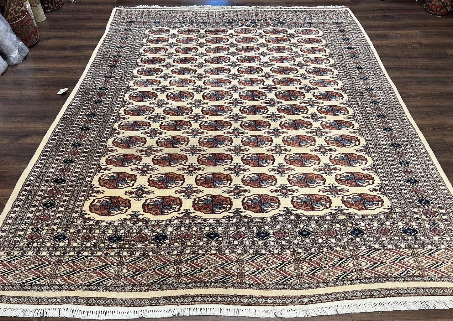 USED Pakistani Bokhara Rug 8x10, Traditional Turkoman Tribal Carpet, Allover Repeated Elephant Foot Motif, Ivory/Cream Black Red, Vintage Handmade