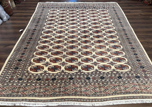 USED Pakistani Bokhara Rug 8x10, Traditional Turkoman Tribal Carpet, Allover Repeated Elephant Foot Motif, Ivory/Cream Black Red, Vintage Handmade