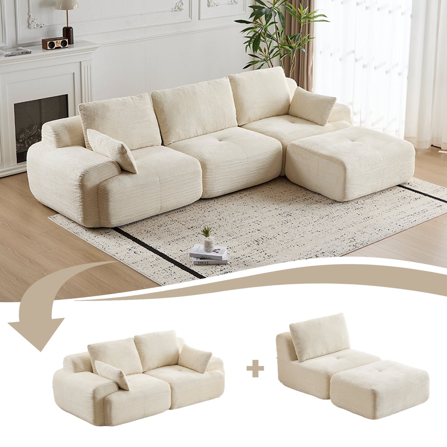 NEW Modern Memory Foam Compressed Sofa,Large Sectional Couches for Living Room,Pet-Friendly Cloud Modular Sectional Sofa,Corduroy Fabric,Extra Deep Loveseat,No assembly required, BEIGE