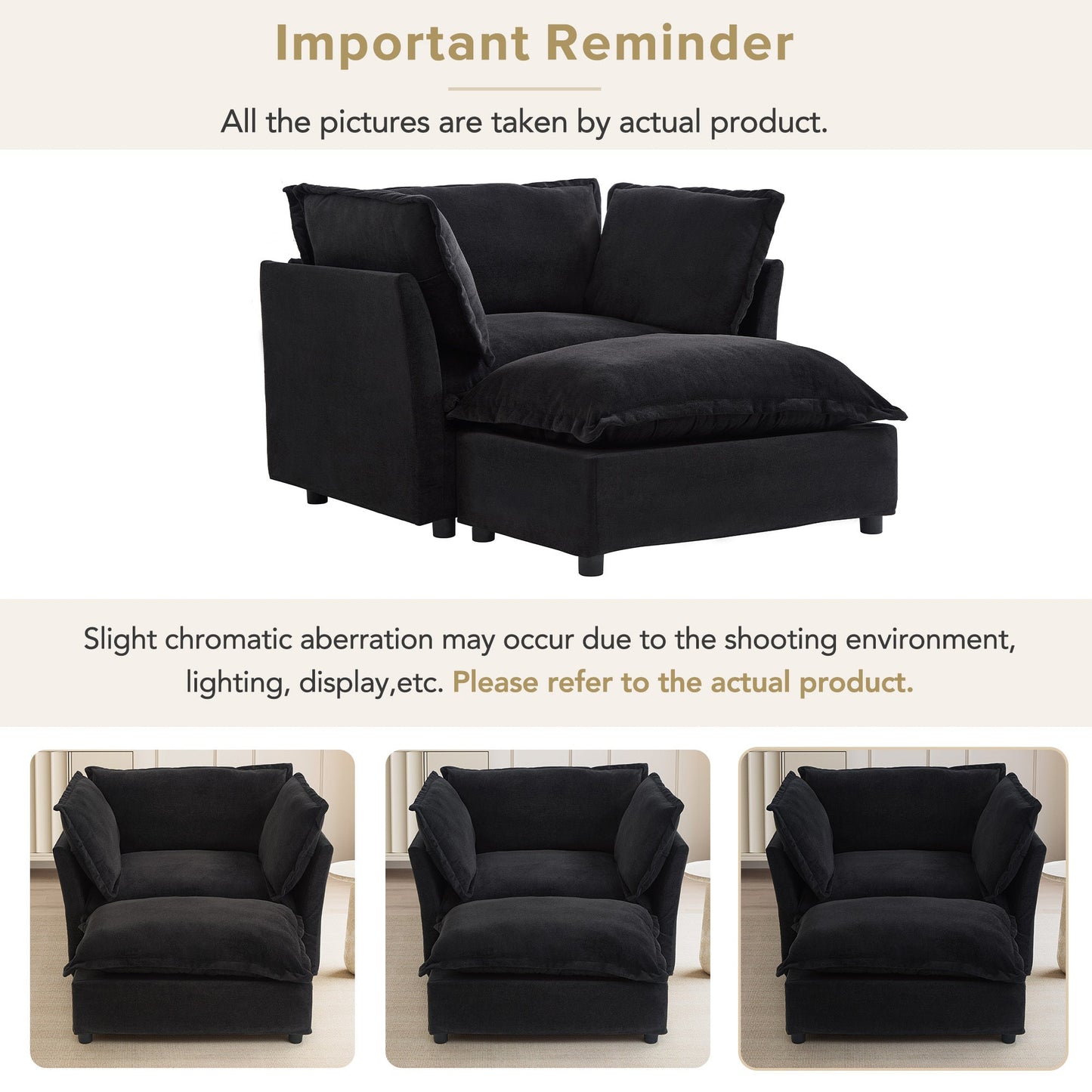 NEW Modern Armchair Sofa 47' Cozy Upholstered Sofa Chair with Movable Ottoman, Black Chenille, Wide Seat & Curved Armrests
