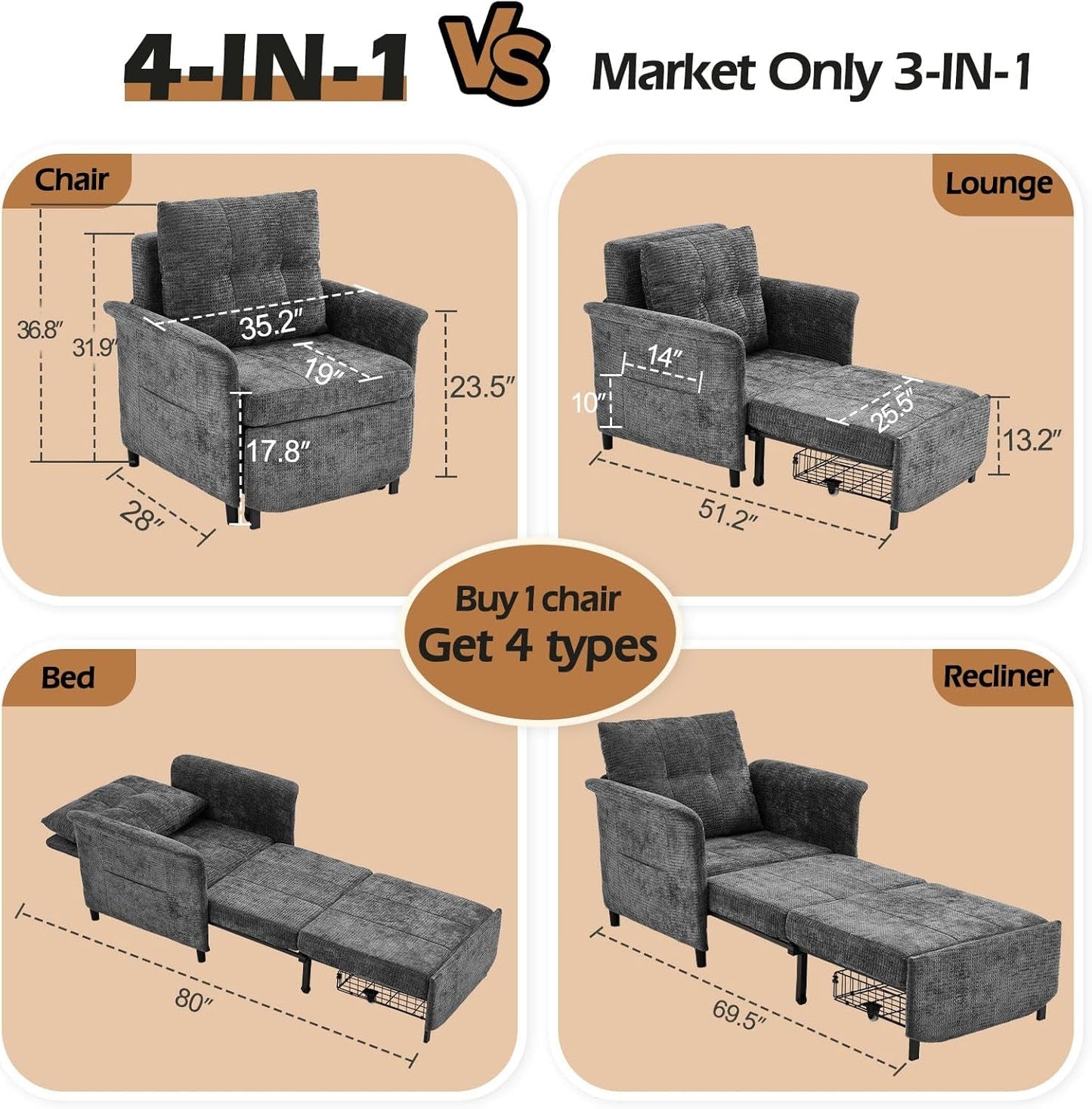 NEW Convertible Sleeper Chair 79-Inch With Adjustable Backrest