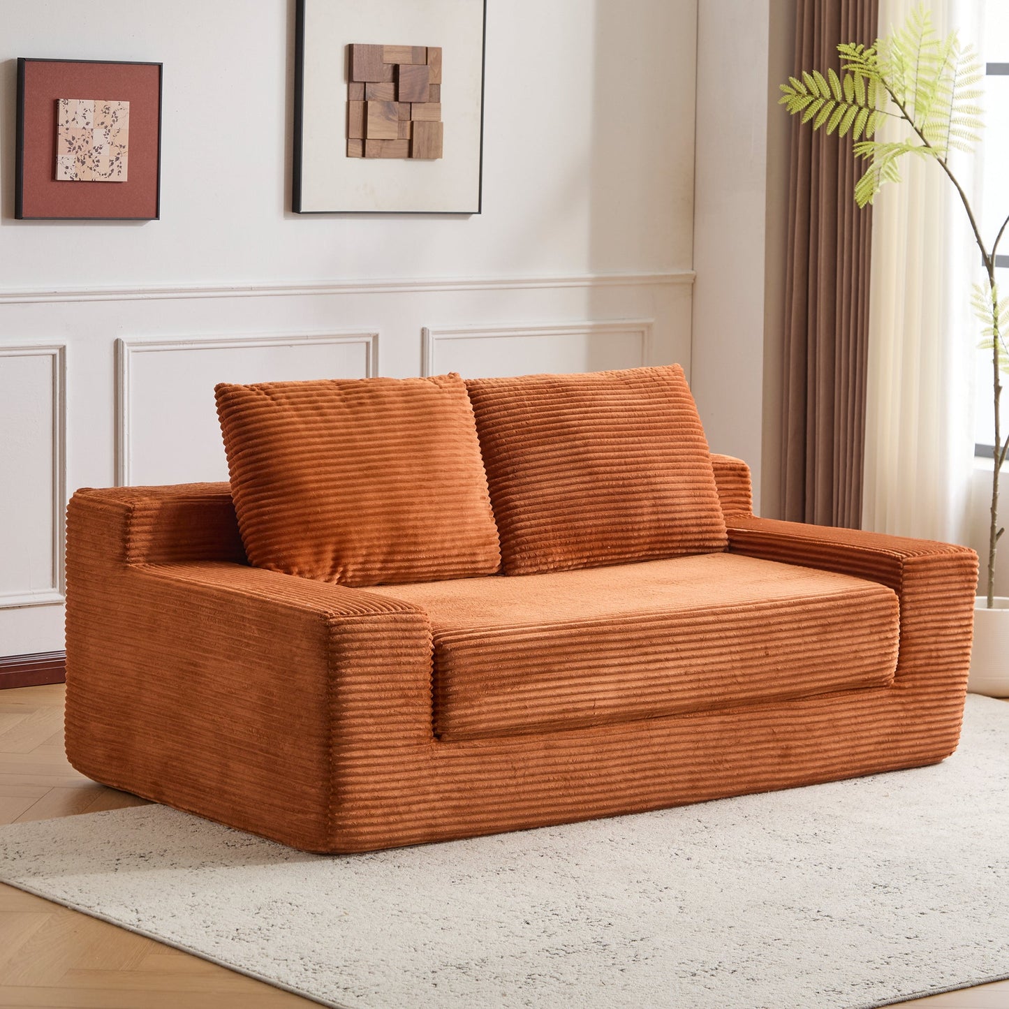 NEW Loveseat Sofa, Comfortable Deep Seat Sofa Bed, Modern Small Corduroy Couch for Living Room Bedroom,Reversible Cushion with Pillows,No Assembly Required,Orange