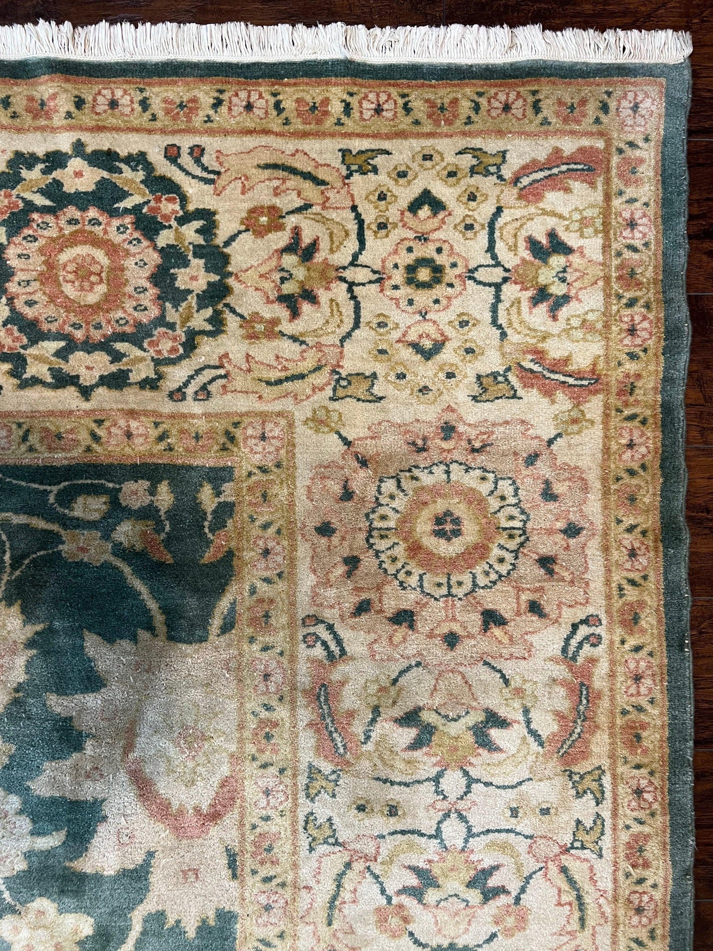 USED Egyptian Mahal Rug 10x14, Large Vintage Floral Hand Knotted Wool Carpet 10 x 14, Dark Green and Beige Traditional Handmade Persian Area Rug