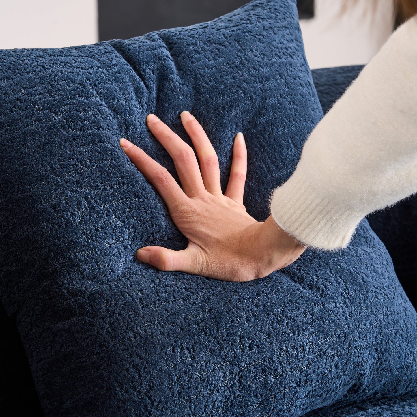 NEW LY-025S Chenille  Curved Loveseat Blue Full Compression Sponge Sofa with 3 Pillows