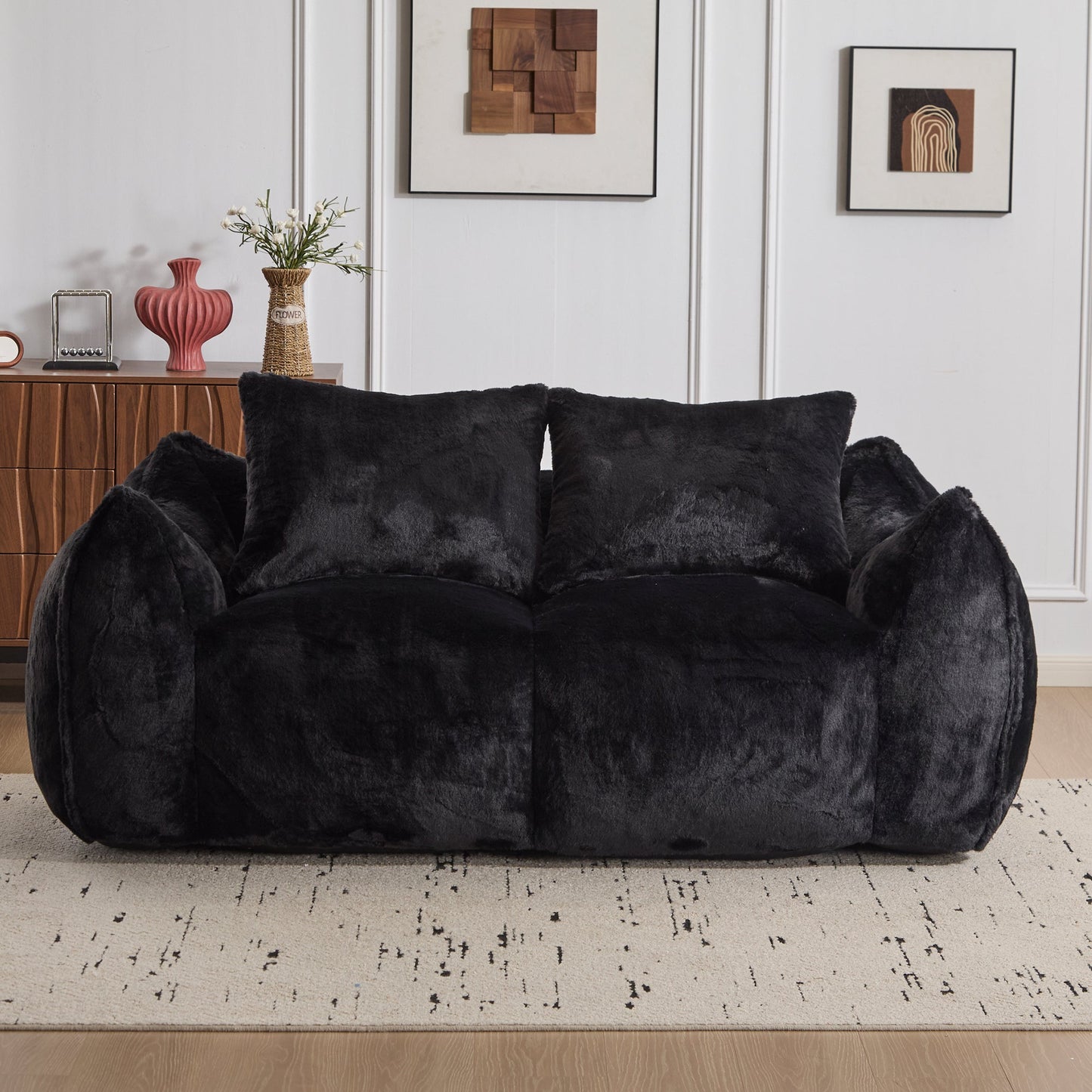 NEW Giant Bean Bag Couch for Adults, Ultra Soft Fluffy Loveseat Bean Bag Sofa, Oversized Chase Lounge Chair Indoor for Living Room Bedroom, No Assembly Required Cozy Reading Chair with Pillows, Black