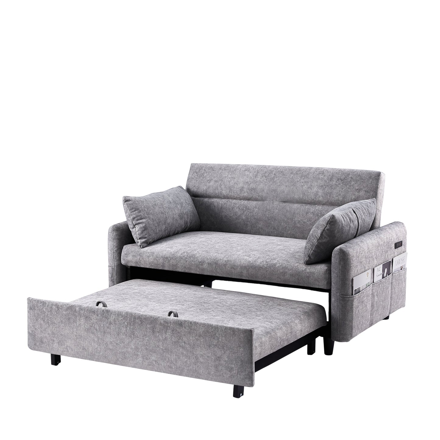 NEW Contemporary Grey Pull Out Sleep Sofa Bed Loveseat with Adjustable Backrest Storage Pockets USB Ports and 2 Soft Pillows