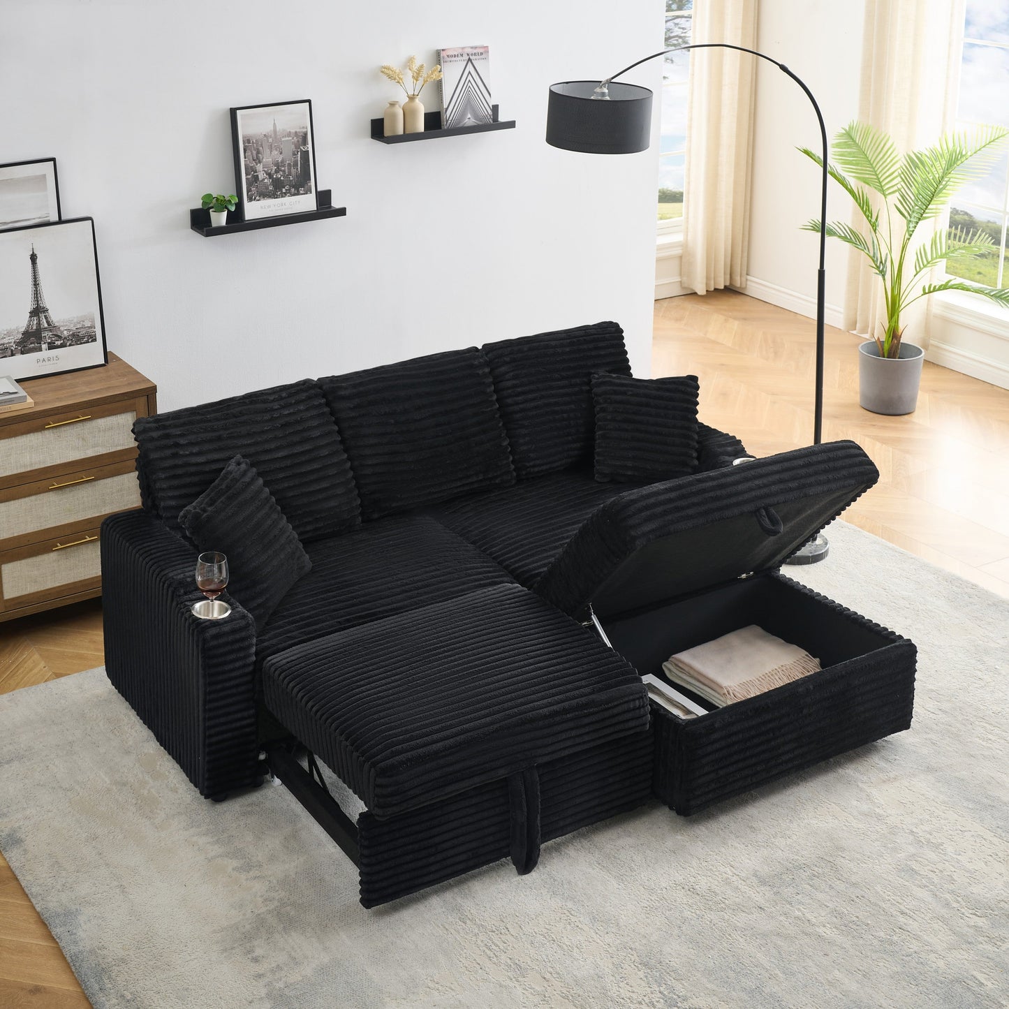 NEW 80' Corduroy Multi-Function Sofa with Hidden Reclining, Space Saving Design, Armrests, Cup Holders and Removable Footstool, Black