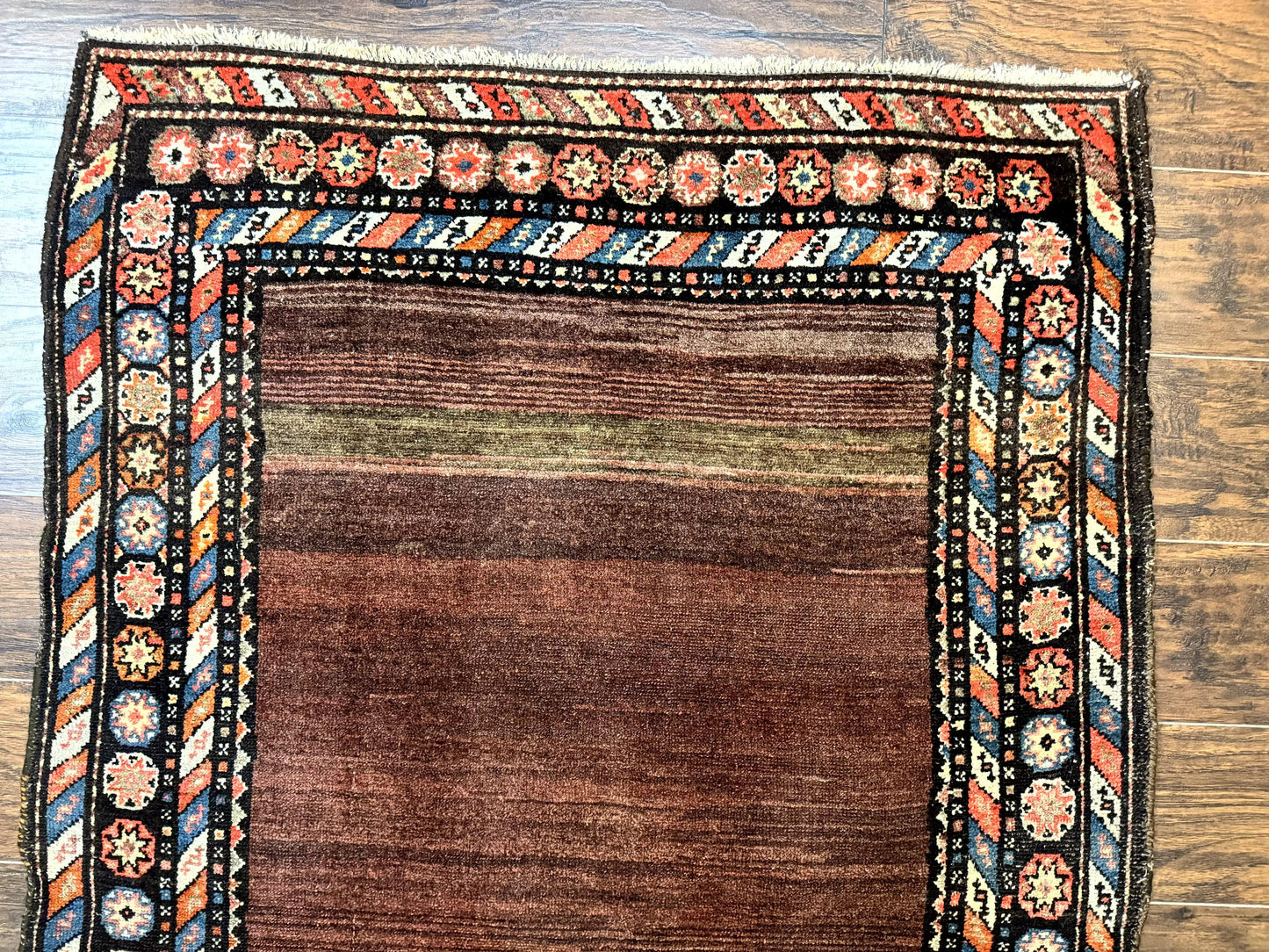 USED Antique Persian Rug 4x7, Sarab Tribal Wool Carpet, Brown and Multicolor, Handmade Wide Runner Rug 4 x 7, Open Field, Rainbow Border