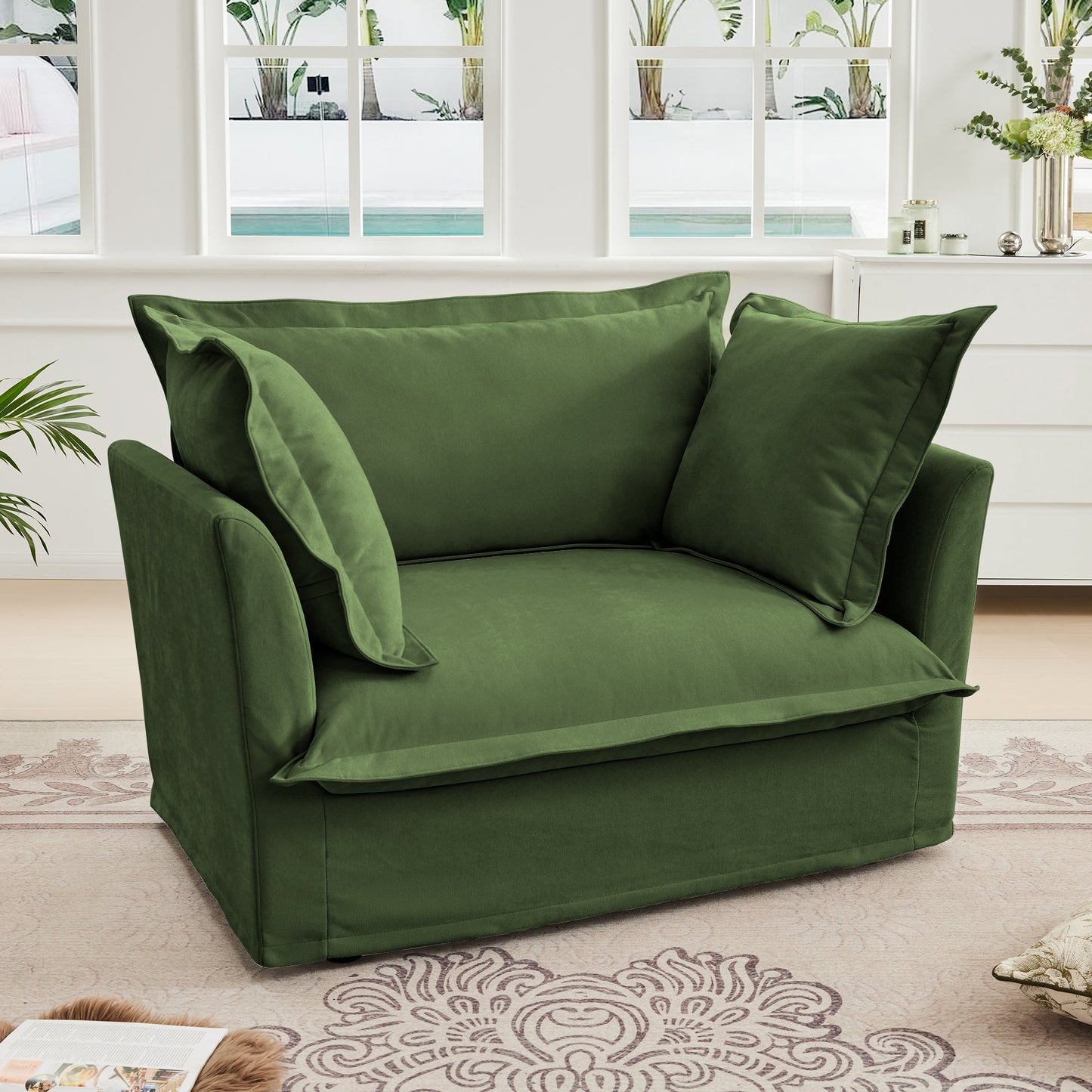 NEW Slip-covered Armchair with 1 Big Back Cushion and 2 Big Toss Pillows, Single Deep Seat Comfy Single Couch Sofa Multiple Large Soft Pillows, Chenille Fabric, Green