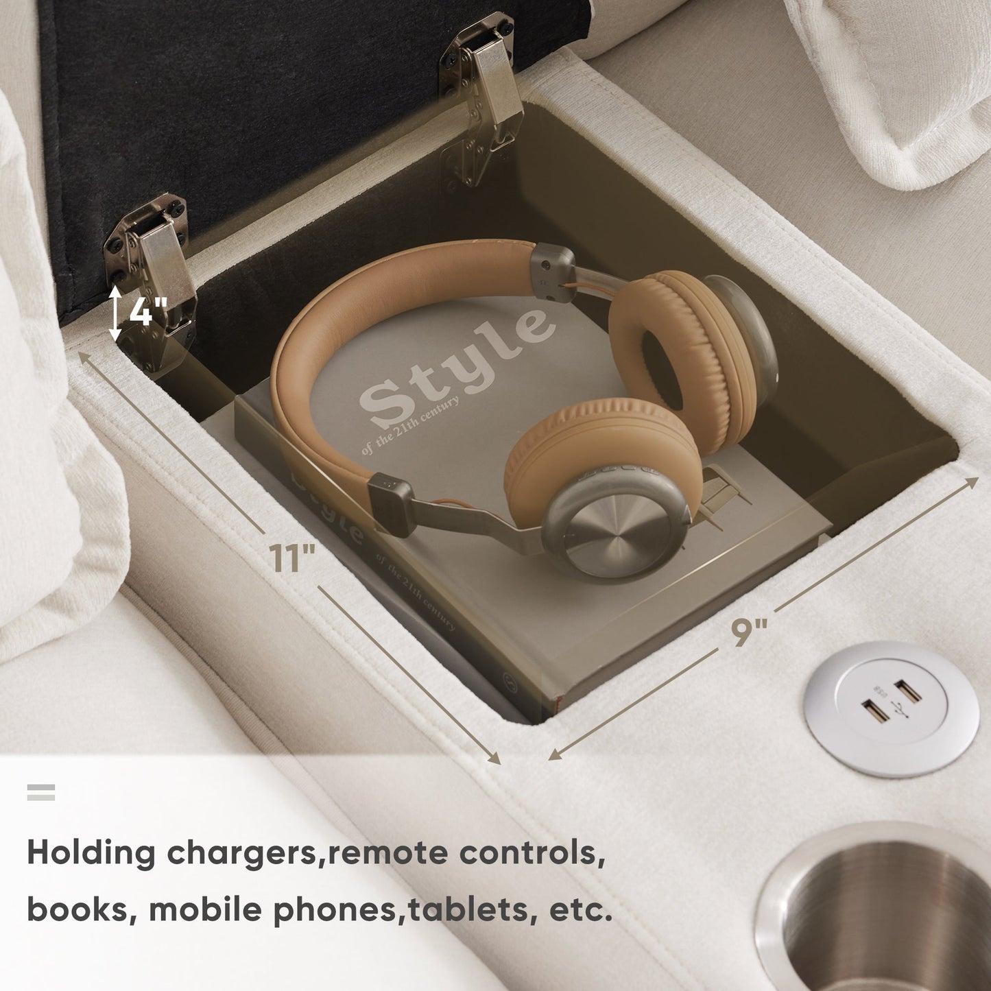 NEW Modern Chenille White 6-seat Upholstered U-shaped Sofa with Console Cupholders & USB Ports