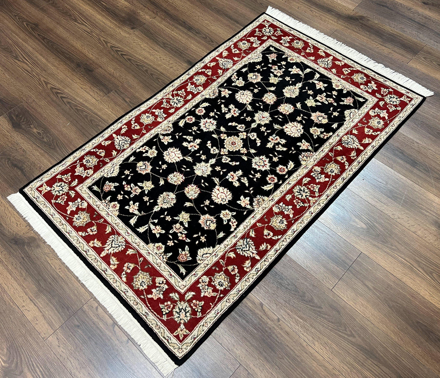 USED Pak Persian Rug 3x5, Black and Red, Floral Allover, Vintage Hand Knotted Wool Oriental Carpet, Pakistani Rug, Small Handmade Area Rug 3 x 5